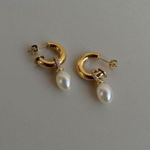 Fresh Water Pearl Gold Drop Hoop Earrings