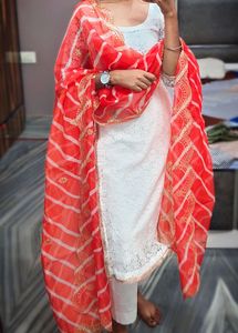 White Lace & Orange Dupatta Suit