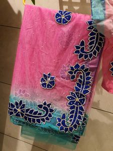 🎀Pink &amp; Blue Floral Applique Wedding Wear Saree🎀