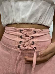 Pink  Skirt and  white frill top