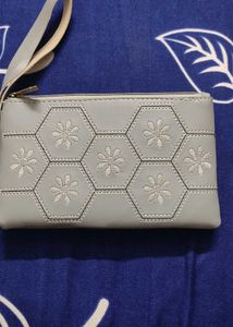 Gray Floral Hexagon Embroidery Pouch/ Purse