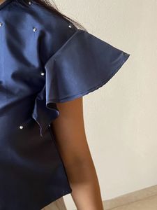 Elegant Navy Blue Pearl Embellished Top with Ruffl
