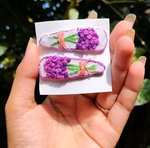 Handmade Embroidered Lavender Hair Clips