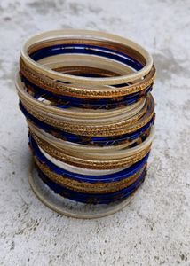 Blue And Cream Colour Fancy Glass Bangles Sets...