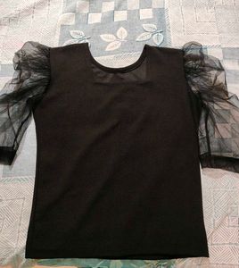 Solid Black Top with Puffed Net Sleeves