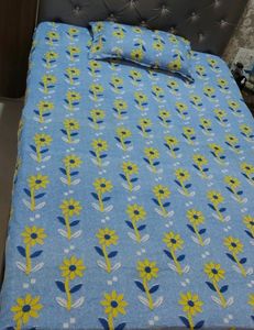 Single Bedsheet With One Pillow Cover (Colors- Blue) Design- Flowers.