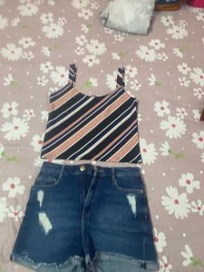 Striped Top &amp; Denim Shorts Set