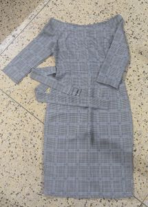Checked Boat Neck Knee Length Dress