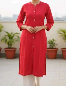 Mandarin-Collar Red Front Slit Kurta