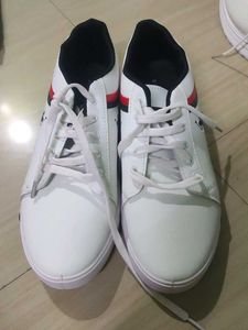 White Sneakers with Red &amp; Navy Stripes