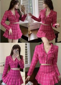 Pink Plaid Korean Crop Top and Skirt Set