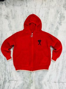 Red Knit Zip-Up Hoodie