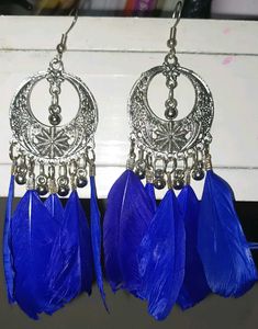 Blue Feather Dangle Earrings