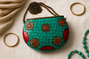 Turquoise And Coral Mosaic Stone Chain Sling Bag