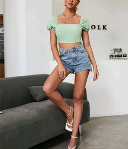 Mint Green Puff Sleeve Crop Top