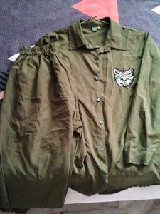 Olive Green Shirt with Cat Patch