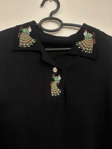 Black Embellished Collar knitted Top