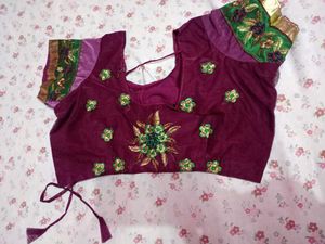 Embroidered Navy Saree with Pink Border