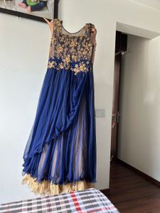 Elegant Navy Blue Embroidered Gown Golden And Roya