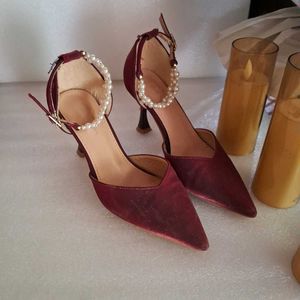 Burgundy Heels with Pearl Ankle Strap