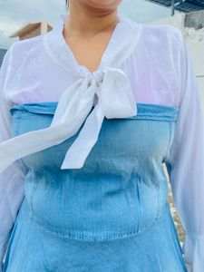 Denim Top With Shiffon White Sleeves