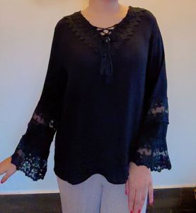Lace Design Black Full Sleeves Top