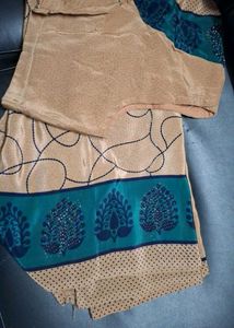 Elegant Beige &amp; Green Saree with Blouse