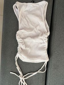 H&amp;M white ribbed drawstring top