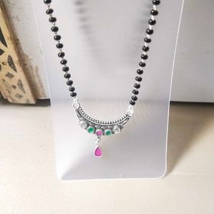 PureSilver Single Line Green&amp;Pink Stone Mangalsutr