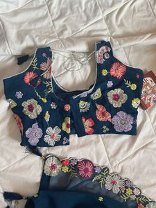 Floral Embroidered Navy Blue Saree