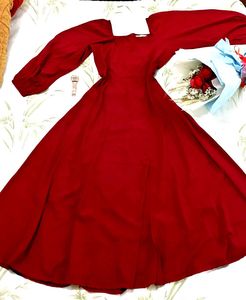 Red Maxi Dress with Puff Sleeves