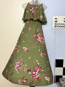 Sassafras Olive Floral Strappy Pleated Maxi Dress