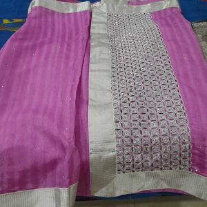 Pink &amp; Silver Embellished Saree