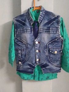 Boys Denim Vest Shirt & Tie Set