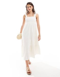 NEW LOOK Square Neck Back-Tie Midi Dress in White