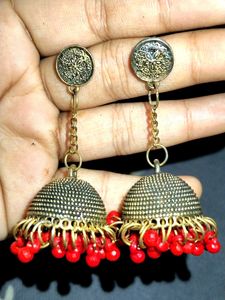Red Beaded Jhumka Earrings