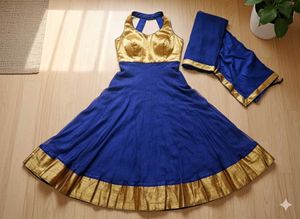 Elegant Blue &amp; Gold Anarkali Suit