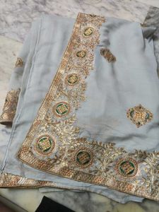 Lite Silver Embroidery Design Saree With Blouse👌