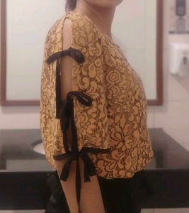 Elegant Lace Tie-Sleeve Top – Golden Beige