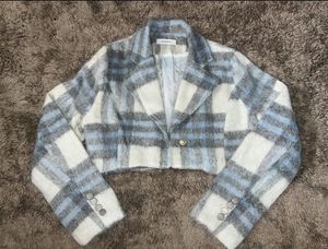 Blue Tweed Plaid Woolen Crop Sweater – Women’s