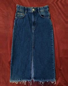 High-Waist Denim Midi Skirt | Raw Hem & Front Slit