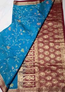 Teal Embroidery Pure Silk Saree