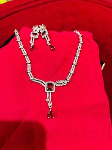 American Diamond Red &amp; Silver Jewelry Set NewWdtag