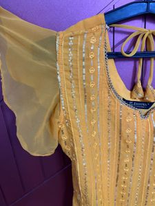Yellow Embroidered Indian Kurti With Sharara Pant