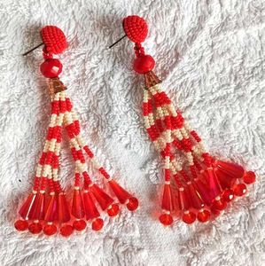 Red Beaded Tassel Earrings