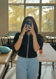 Black Zip-Front Puff Sleeve Top
