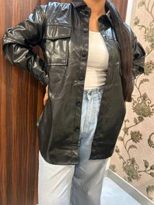 Faux Leather Button-Down Shirt