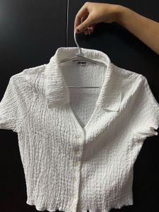 White Textured Crop Top Shirt