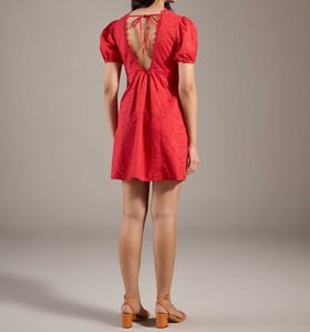 Red Eyelet Puff Sleeve Mini Dress