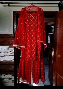 Red sequins embroidery Kurta Set both side